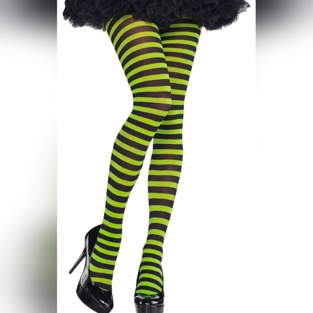 2 Pr Striped Tights Red & Acid Green w/ Blk